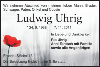 Traueranzeige von Ludwig Uhrig von Odenwälder Echo