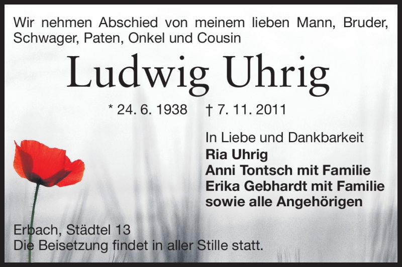  Traueranzeige für Ludwig Uhrig vom 16.11.2011 aus Odenwälder Echo