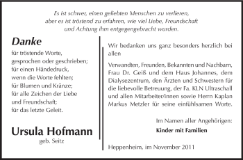 Traueranzeige von Ursula Hofmann von Starkenburger Echo, Bergsträßer Anzeiger