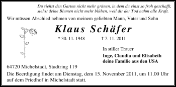 Traueranzeige von Klaus Schäfer von Odenwälder Echo