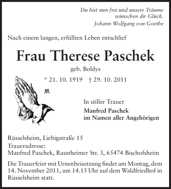 Traueranzeige von Therese Paschek von Rüsselsheimer Echo, Groß-Gerauer-Echo, Ried Echo
