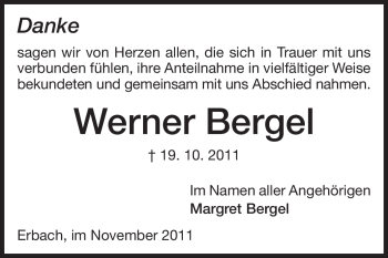 Traueranzeige von Werner Bergel von Odenwälder Echo