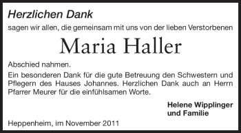 Traueranzeige von Maria Haller von Starkenburger Echo