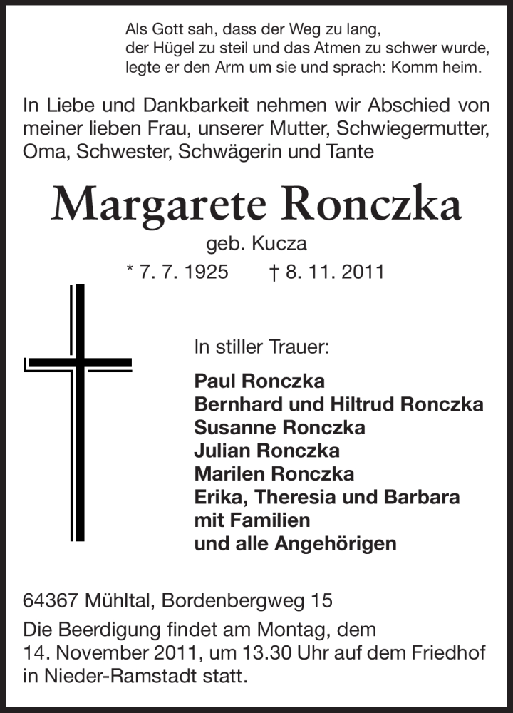  Traueranzeige für Margarete Ronczka vom 10.11.2011 aus Echo-Zeitungen (Gesamtausgabe)