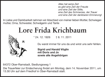 Traueranzeige von Lore Frieda Krichbaum von Echo-Zeitungen (Gesamtausgabe)