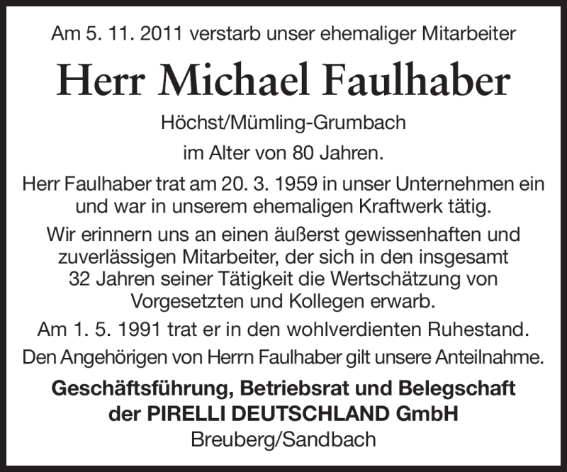  Traueranzeige für Michael Faulhaber vom 11.11.2011 aus Odenwälder Echo