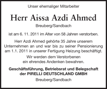 Traueranzeige von Aissa Azdi Ahmed von Odenwälder Echo