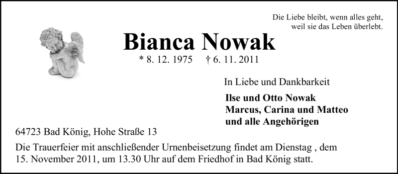  Traueranzeige für Bianca Nowak vom 10.11.2011 aus Odenwälder Echo