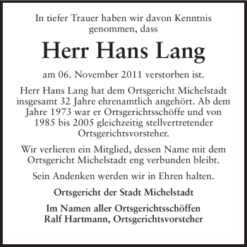 Traueranzeige von Hans Lang von Odenwälder Echo