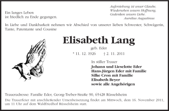 Traueranzeige von Elisabeth Lang von Rüsselsheimer Echo, Groß-Gerauer-Echo, Ried Echo