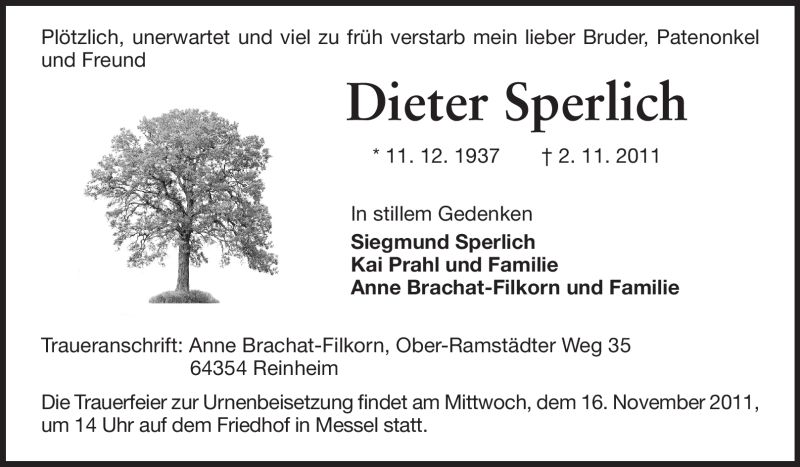  Traueranzeige für Dieter Sperlich vom 12.11.2011 aus Echo-Zeitungen (Gesamtausgabe)