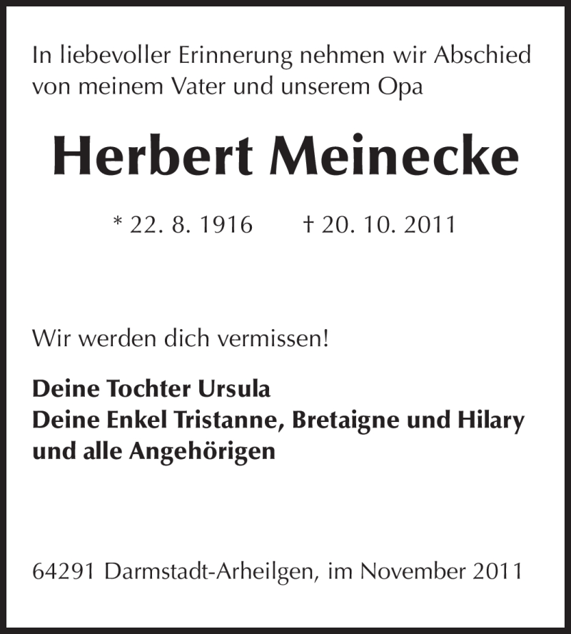  Traueranzeige für Herbert Meinecke vom 12.11.2011 aus Echo-Zeitungen (Gesamtausgabe)