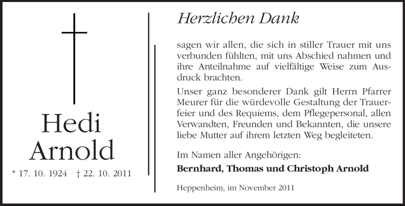  Traueranzeige für Hedi Arnold vom 12.11.2011 aus Starkenburger Echo