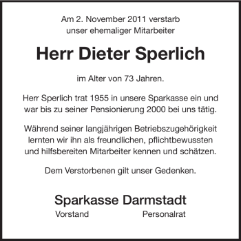Traueranzeige von Dieter Sperlich von Echo-Zeitungen (Gesamtausgabe)