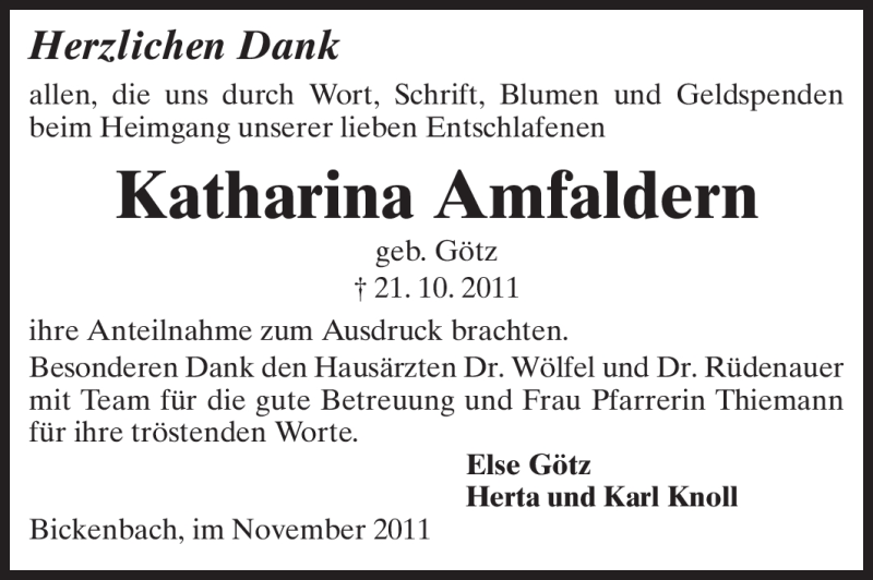  Traueranzeige für Katharina Amfaldern vom 12.11.2011 aus Echo-Zeitungen (Gesamtausgabe)