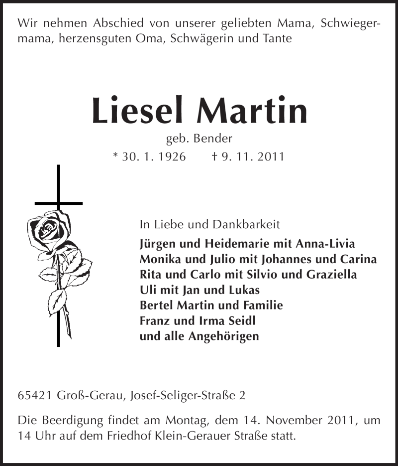  Traueranzeige für Liesel Martin vom 12.11.2011 aus Rüsselsheimer Echo, Groß-Gerauer-Echo, Ried Echo