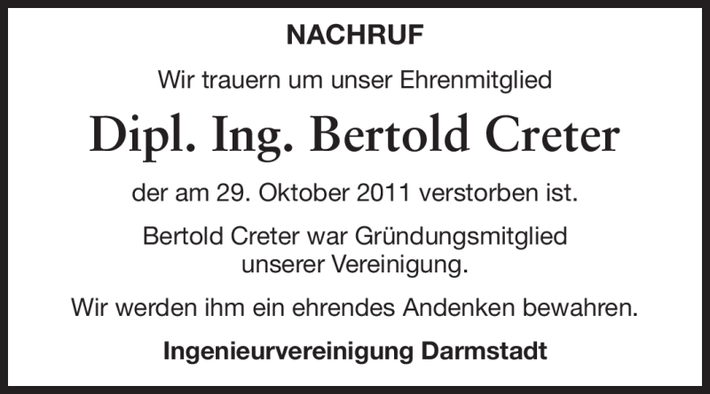  Traueranzeige für Bertold Creter vom 12.11.2011 aus Echo-Zeitungen (Gesamtausgabe)