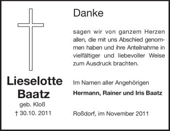 Traueranzeige von Lieselotte Baatz von Darmstädter Echo, Odenwälder Echo, Rüsselsheimer Echo, Groß-Gerauer-Echo, Ried Echo
