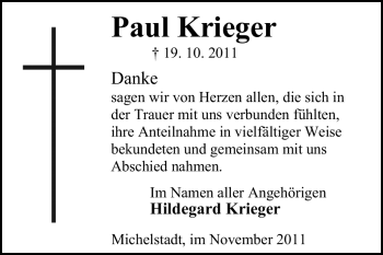 Traueranzeige von Paul Krieger von Odenwälder Echo