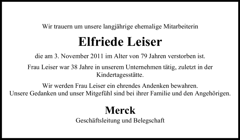  Traueranzeige für Elfriede Marianne Leiser vom 11.11.2011 aus Echo-Zeitungen (Gesamtausgabe)