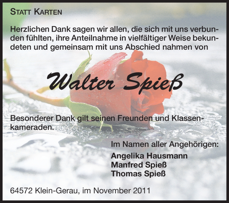 Traueranzeige für Walter Peter Spieß vom 12.11.2011 aus Rüsselsheimer Echo, Groß-Gerauer-Echo, Ried Echo
