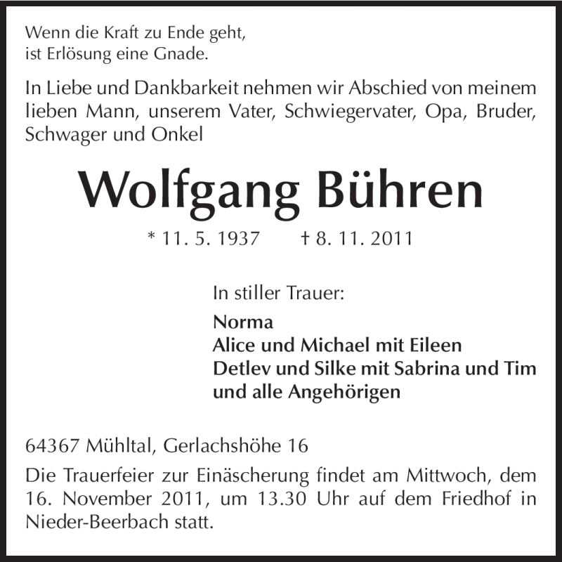  Traueranzeige für Wolfgang Bühren vom 12.11.2011 aus Echo-Zeitungen (Gesamtausgabe)