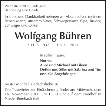 Traueranzeige von Wolfgang Bühren von Echo-Zeitungen (Gesamtausgabe)