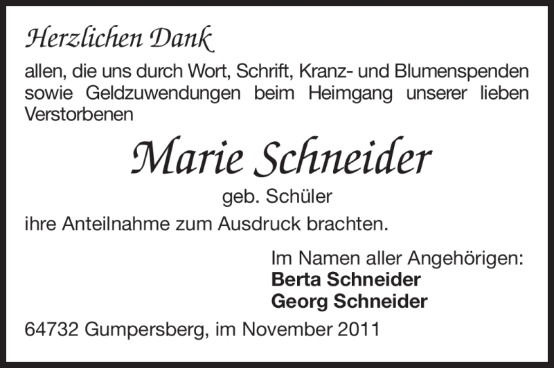  Traueranzeige für Marie Schneider vom 12.11.2011 aus Odenwälder Echo