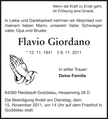 Traueranzeige von Flavio Giordano von Rüsselsheimer Echo, Groß-Gerauer-Echo, Ried Echo