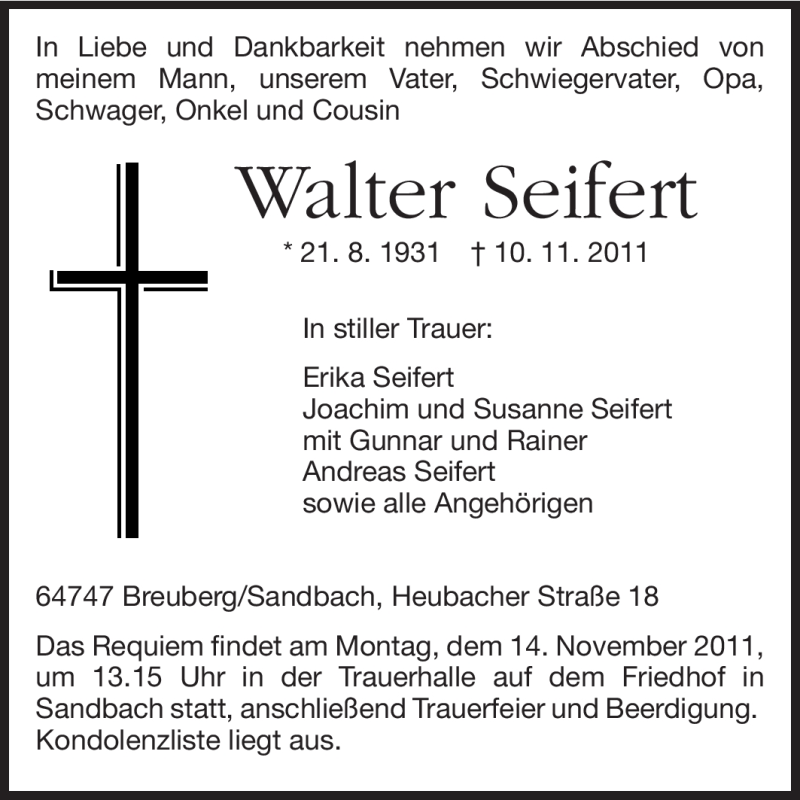  Traueranzeige für Walter Seifert vom 12.11.2011 aus Odenwälder Echo