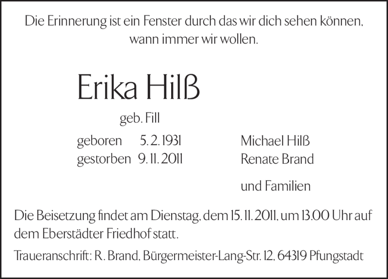  Traueranzeige für Erika Hilß vom 12.11.2011 aus Darmstädter Echo, Odenwälder Echo, Rüsselsheimer Echo, Groß-Gerauer-Echo, Ried Echo