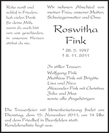 Traueranzeige von Roswitha Fink von Odenwälder Echo