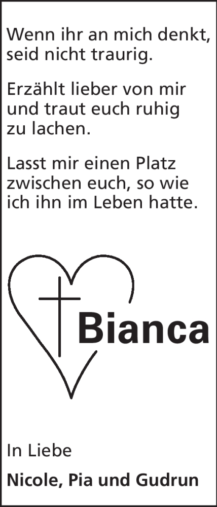 Traueranzeige für Bianca  vom 12.11.2011 aus Odenwälder Echo