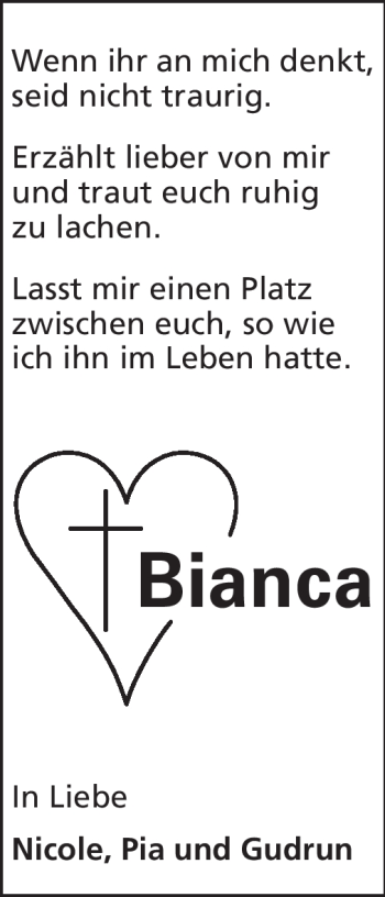 Traueranzeige von Bianca  von Odenwälder Echo