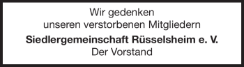 Traueranzeige von Siedlergemeinschaft  von Rüsselsheimer Echo, Groß-Gerauer-Echo, Ried Echo