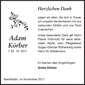 Traueranzeige von Adam Körber von Odenwälder Echo