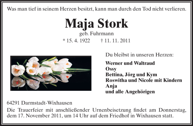  Traueranzeige für Maja Stork vom 14.11.2011 aus Echo-Zeitungen (Gesamtausgabe)
