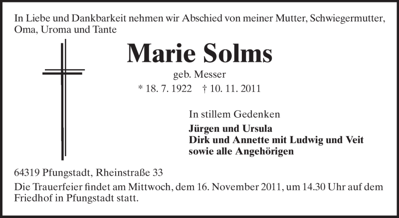  Traueranzeige für Marie Solms vom 14.11.2011 aus Echo-Zeitungen (Gesamtausgabe)