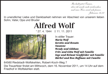 Traueranzeige von Alfred Wolf von Rüsselsheimer Echo, Groß-Gerauer-Echo, Ried Echo