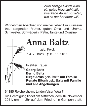 Traueranzeige von Anna Baltz von Echo-Zeitungen (Gesamtausgabe)