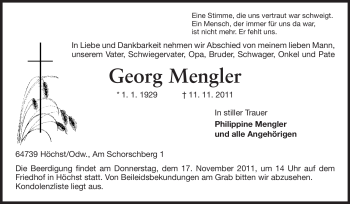 Traueranzeige von Georg Mengler von Echo-Zeitungen (Gesamtausgabe)