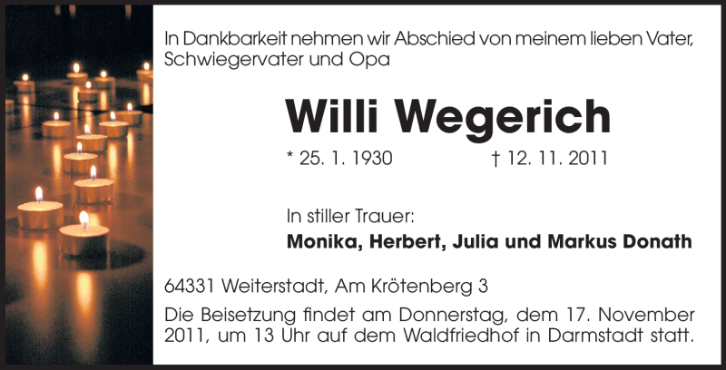  Traueranzeige für Willi Wegerich vom 15.11.2011 aus Echo-Zeitungen (Gesamtausgabe)