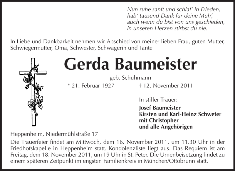  Traueranzeige für Gerda Baumeister vom 15.11.2011 aus Starkenburger Echo