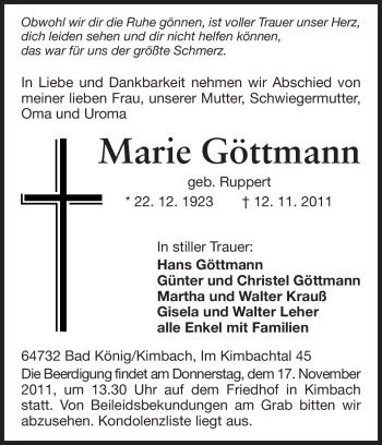 Traueranzeige von Marie Göttmann von Odenwälder Echo