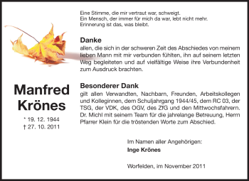 Traueranzeige von Manfred Krönes von Darmstädter Echo, Odenwälder Echo, Rüsselsheimer Echo, Groß-Gerauer-Echo, Ried Echo