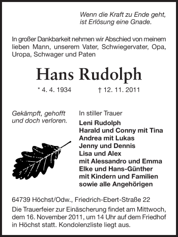 Traueranzeige von Hans Rudolph von Odenwälder Echo