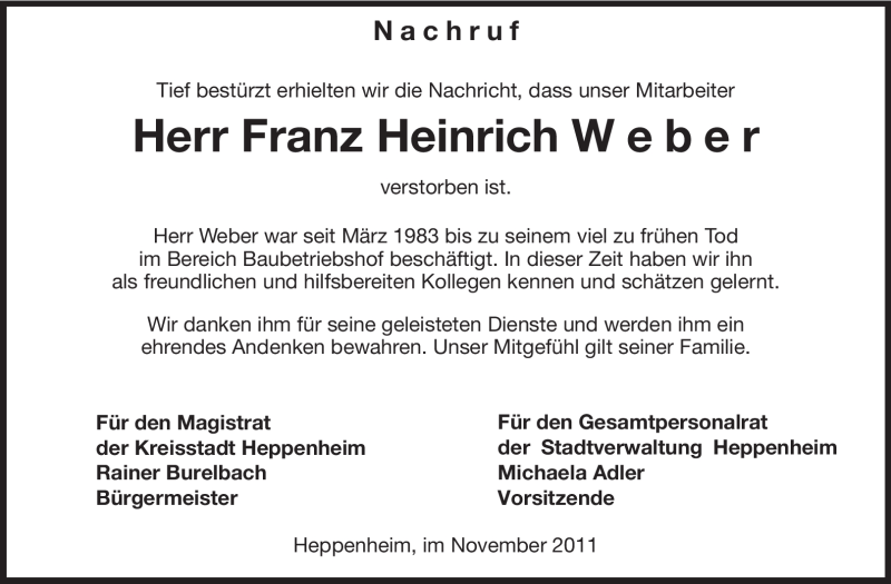  Traueranzeige für Franz Heinrich Weber vom 15.11.2011 aus Starkenburger Echo