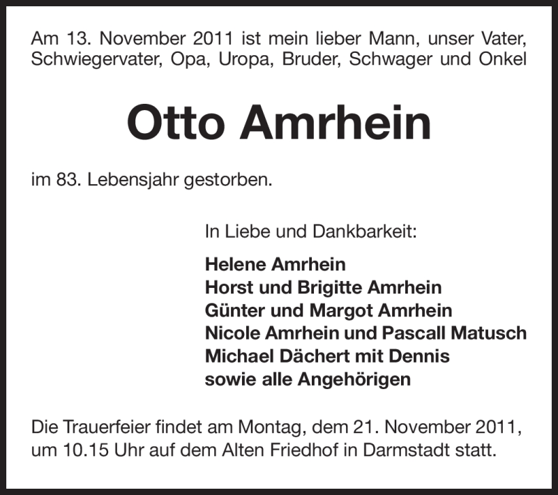  Traueranzeige für Otto Amrhein vom 16.11.2011 aus Darmstädter Echo, Odenwälder Echo, Rüsselsheimer Echo, Groß-Gerauer-Echo, Ried Echo