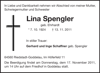 Traueranzeige von Lina Spengler von Darmstädter Echo, Odenwälder Echo, Rüsselsheimer Echo, Groß-Gerauer-Echo, Ried Echo