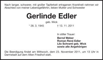 Traueranzeige von Gerlinde Edler von Darmstädter Echo, Odenwälder Echo, Rüsselsheimer Echo, Groß-Gerauer-Echo, Ried Echo